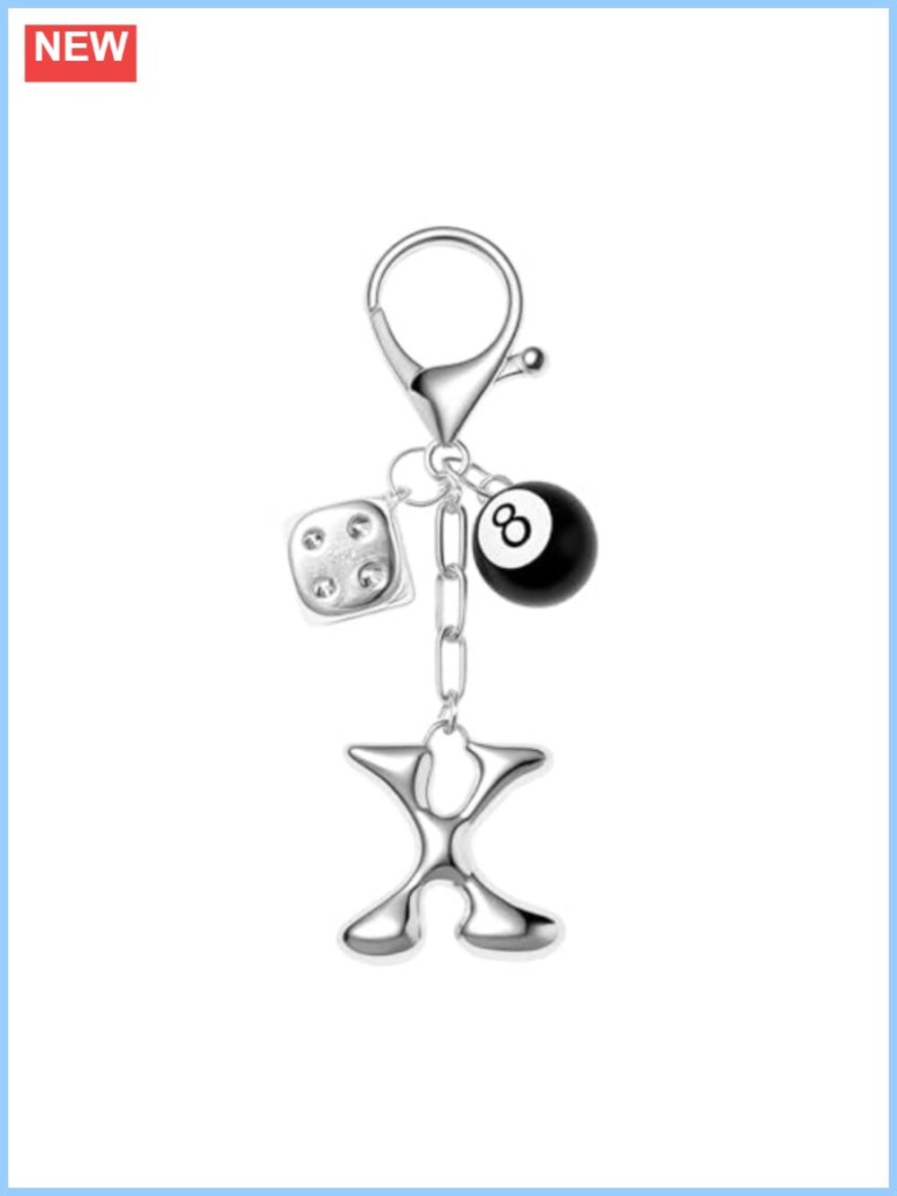 Silver Plated 8 Ball Dice Keychain Initial Bubble Charm for Bags Purse Backpack